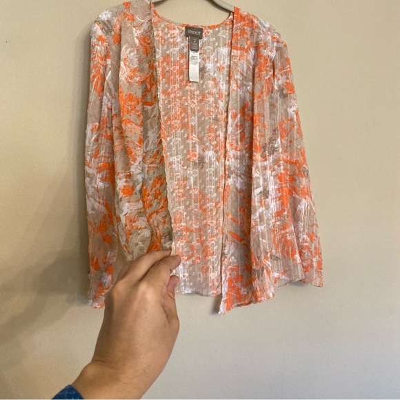 Chico’s Camo Foliage Sheer Jacket Peach Cream Size 2 Large - Picture 9 of 16